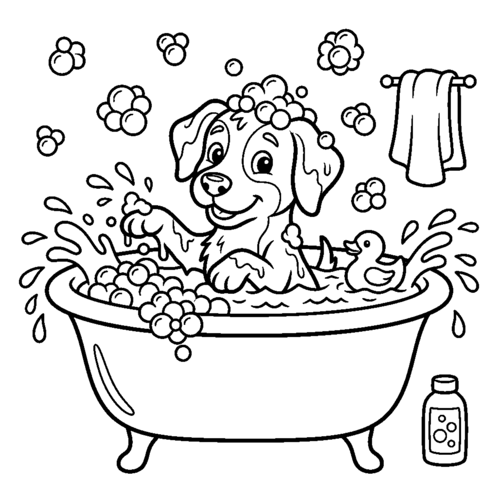 A dog splashing happily in a small bathtub full of bubbles coloring page
