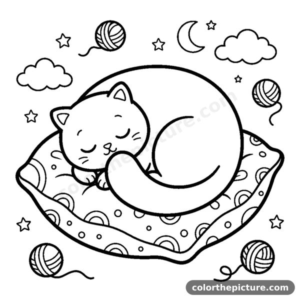 A round cat curled up asleep on a soft cushion coloring page