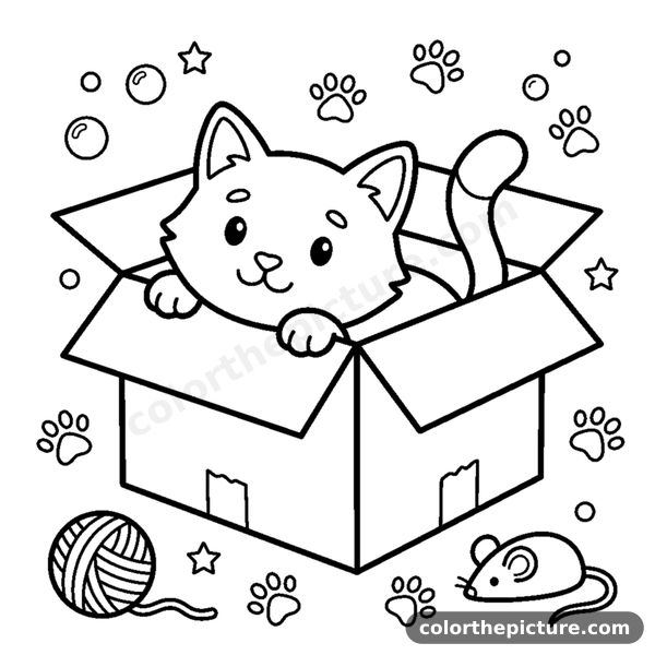 A curious cat peeking out from inside a cardboard box coloring page