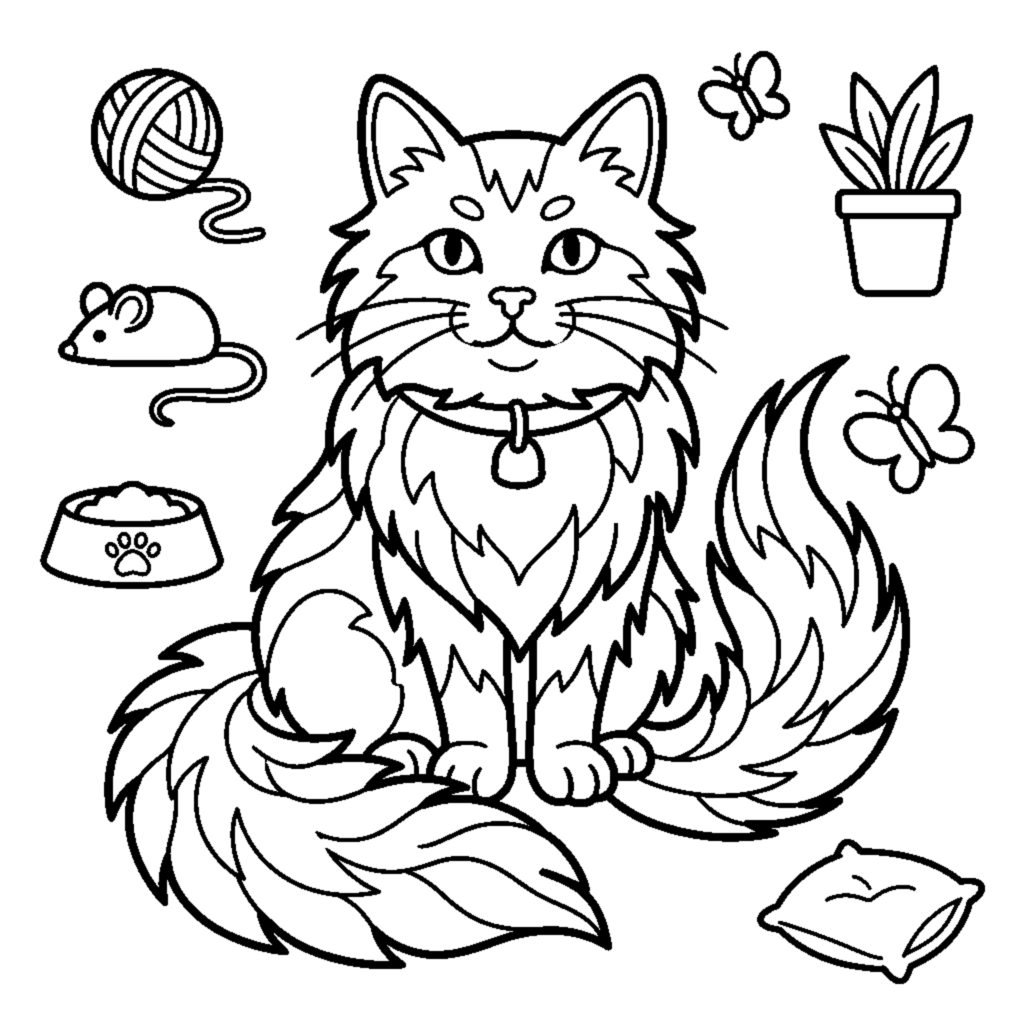 A long-haired fluffy cat sitting with a big bushy tail coloring page
