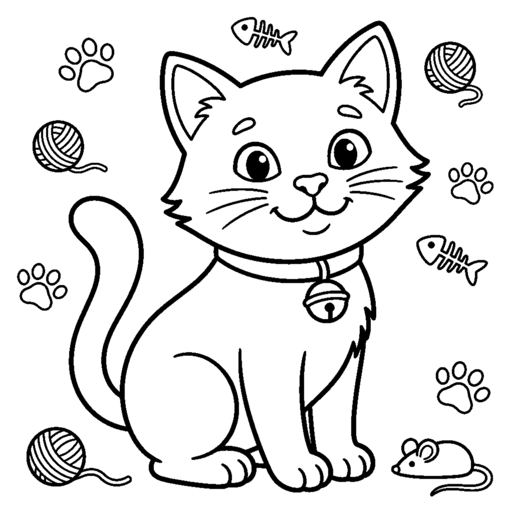 A cat wearing a collar with a little round bell coloring page