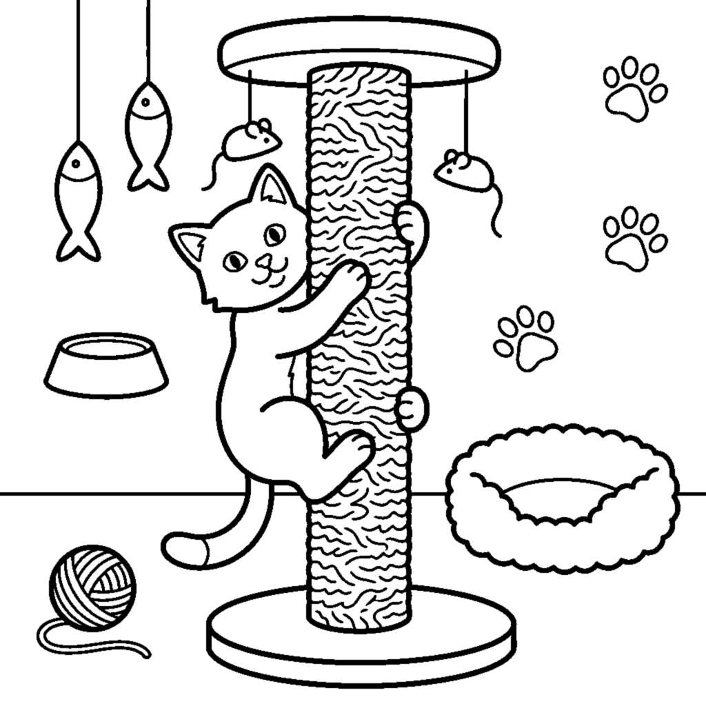 A cat climbing up a tall carpeted scratching post coloring page
