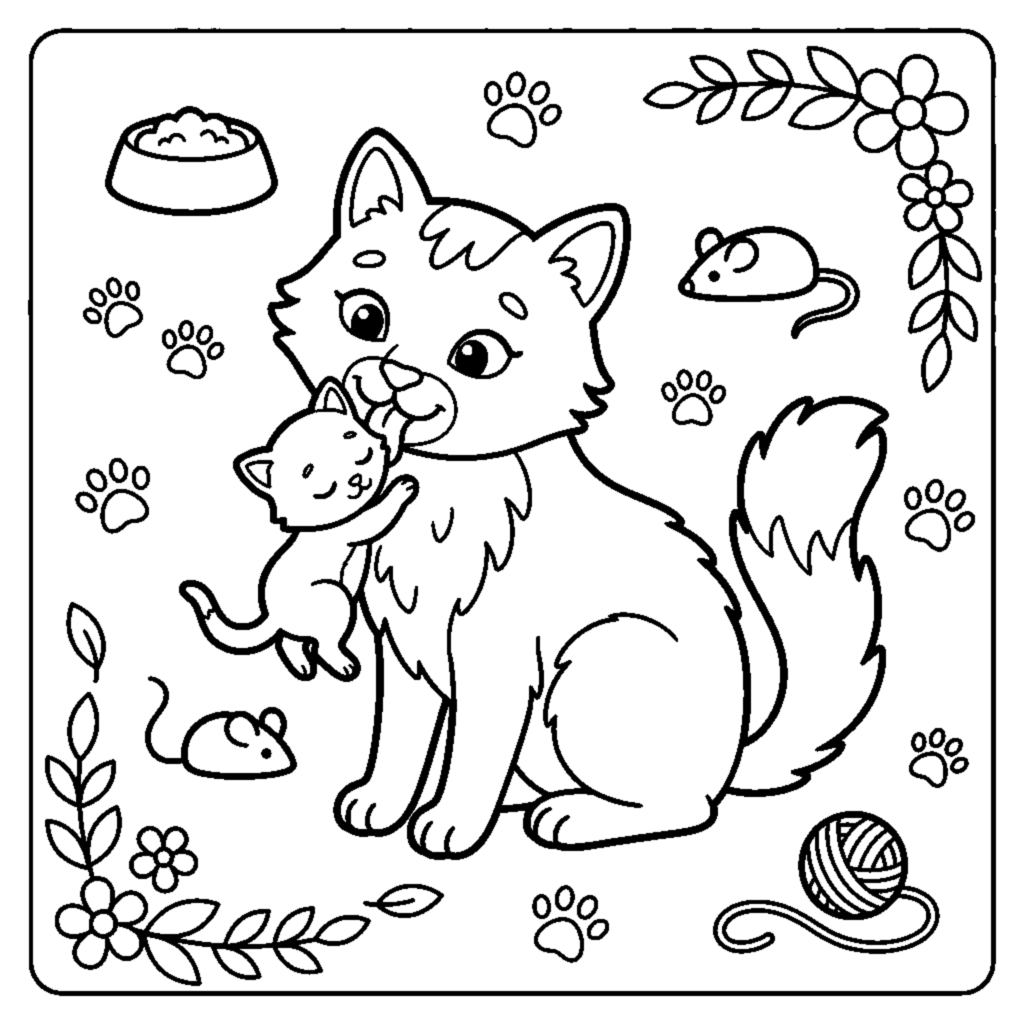 A mother cat gently washing her tiny kitten coloring page