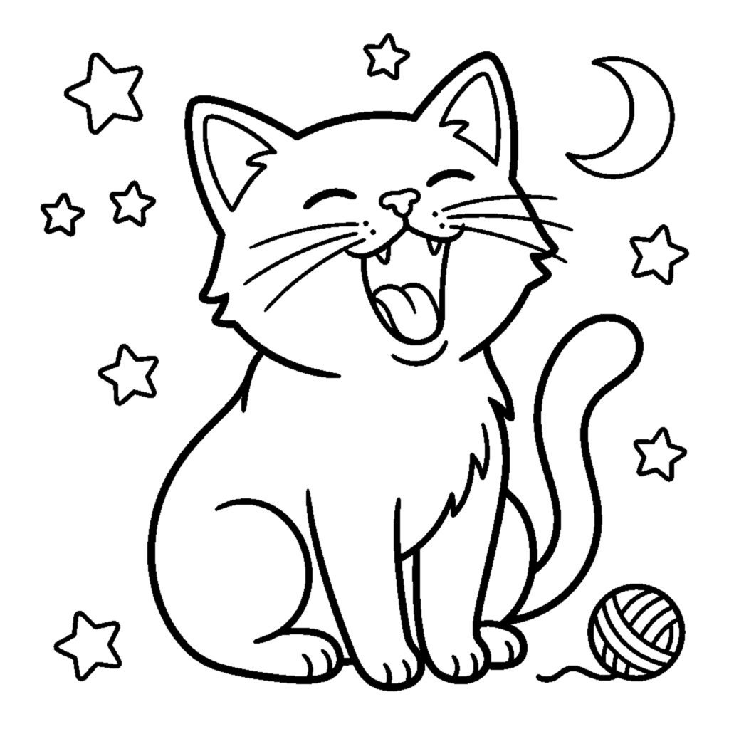 A sleepy cat yawning with a stretched open mouth coloring page