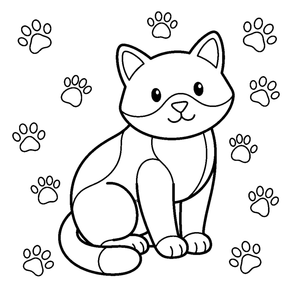 A cat sitting surrounded by scattered little paw prints coloring page