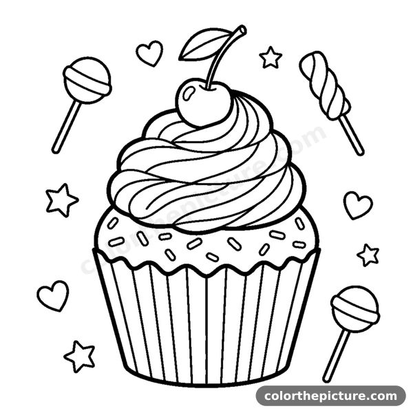 A frosted cupcake with a swirl of cream and a cherry on top coloring page