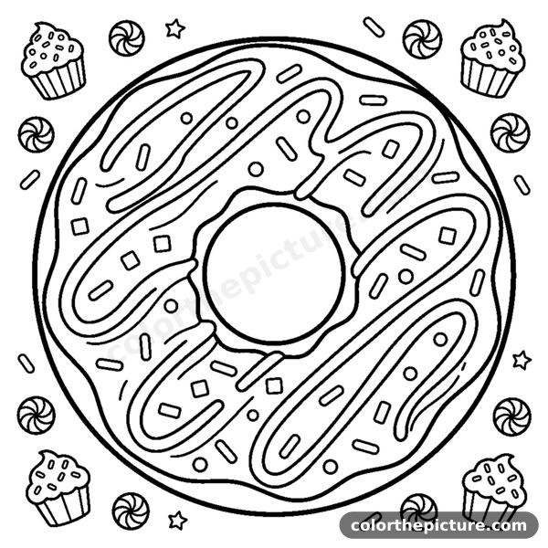 A ring donut with drizzled icing and sprinkles scattered across it coloring page