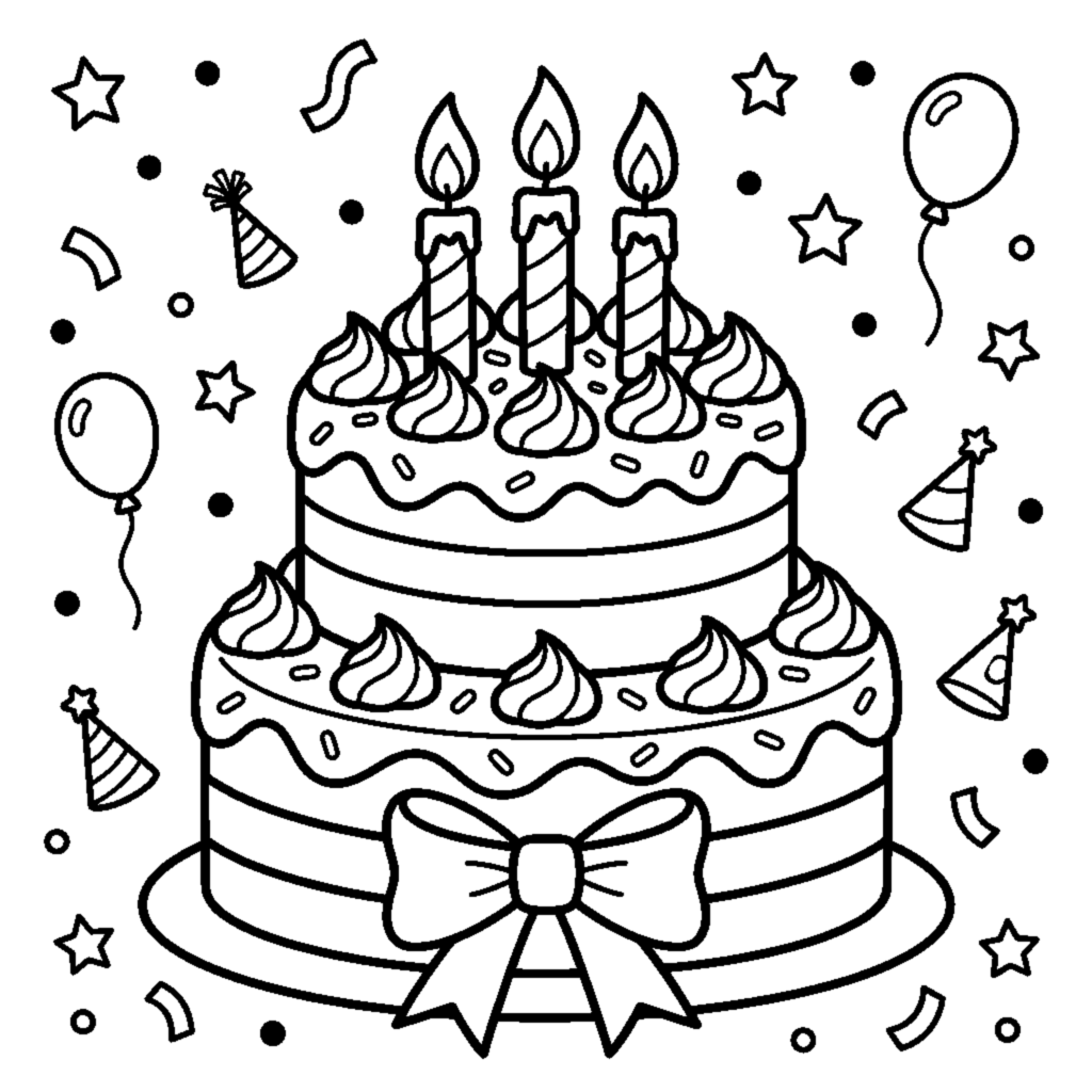 A tall birthday cake with three candles and a bow around the base coloring page
