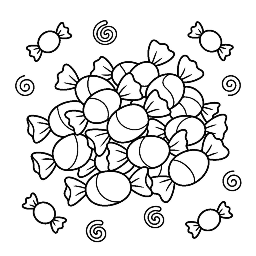 A pile of small wrapped candies with twisted ends coloring page