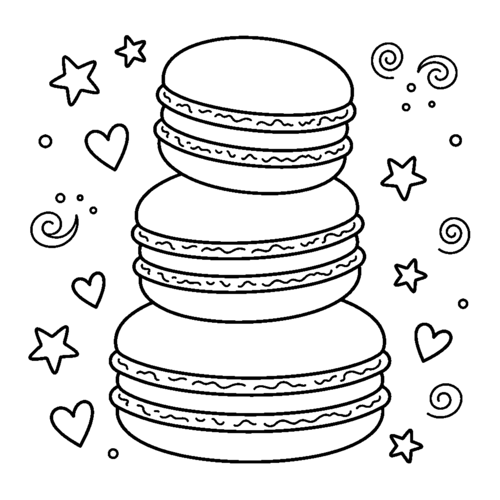 A stack of three macarons of different sizes coloring page