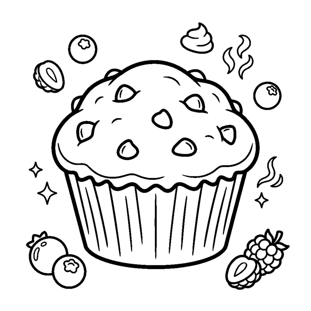 A muffin with a rounded top and a few chocolate chips coloring page