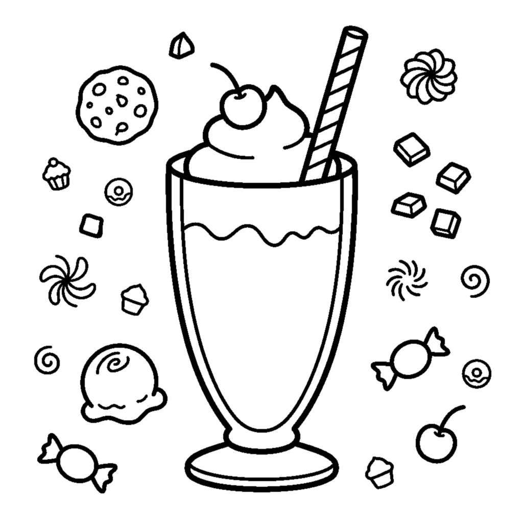 A tall milkshake in a glass with a straw and a dollop of whipped cream coloring page
