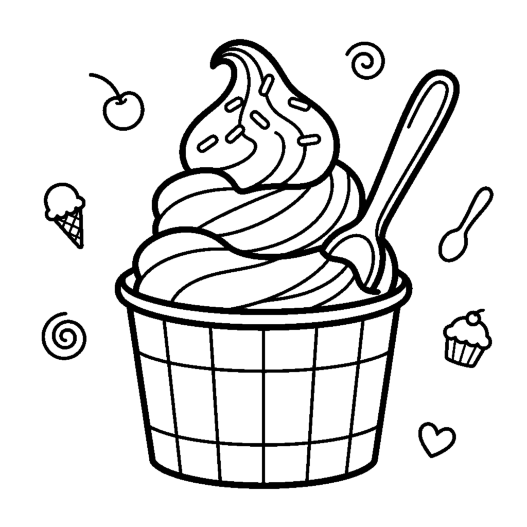 A soft-serve ice cream in a paper cup with a spoon coloring page