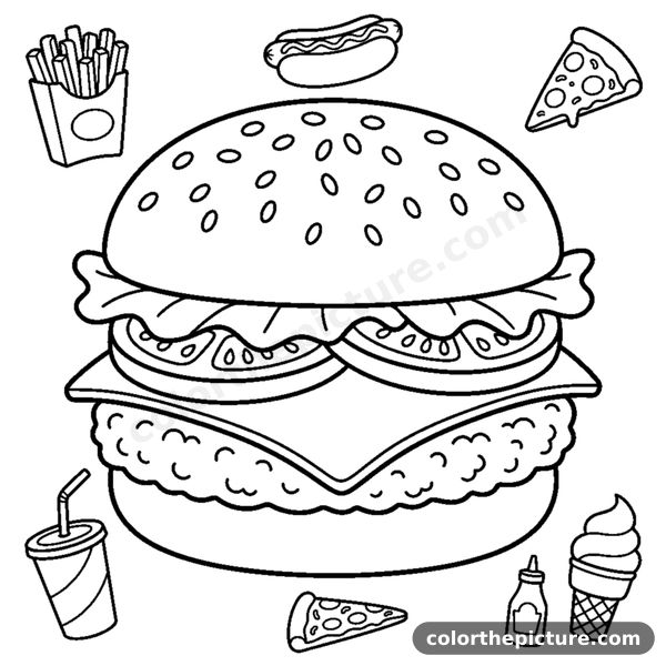A big fluffy hamburger with a sesame bun, lettuce, tomato, and a cheese slice coloring page