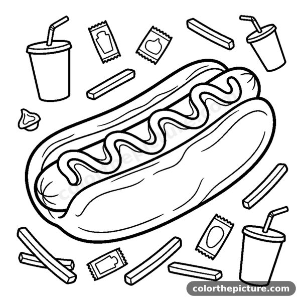 A long hot dog in a soft bun topped with a wavy squeeze of ketchup and mustard coloring page