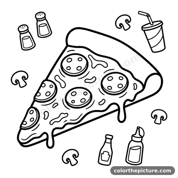 A single wide pizza slice with round pepperoni pieces and stretchy melted cheese coloring page