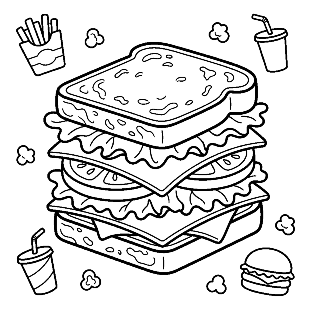 A tall triangle sandwich stacked with cheese, tomato, and leafy lettuce coloring page