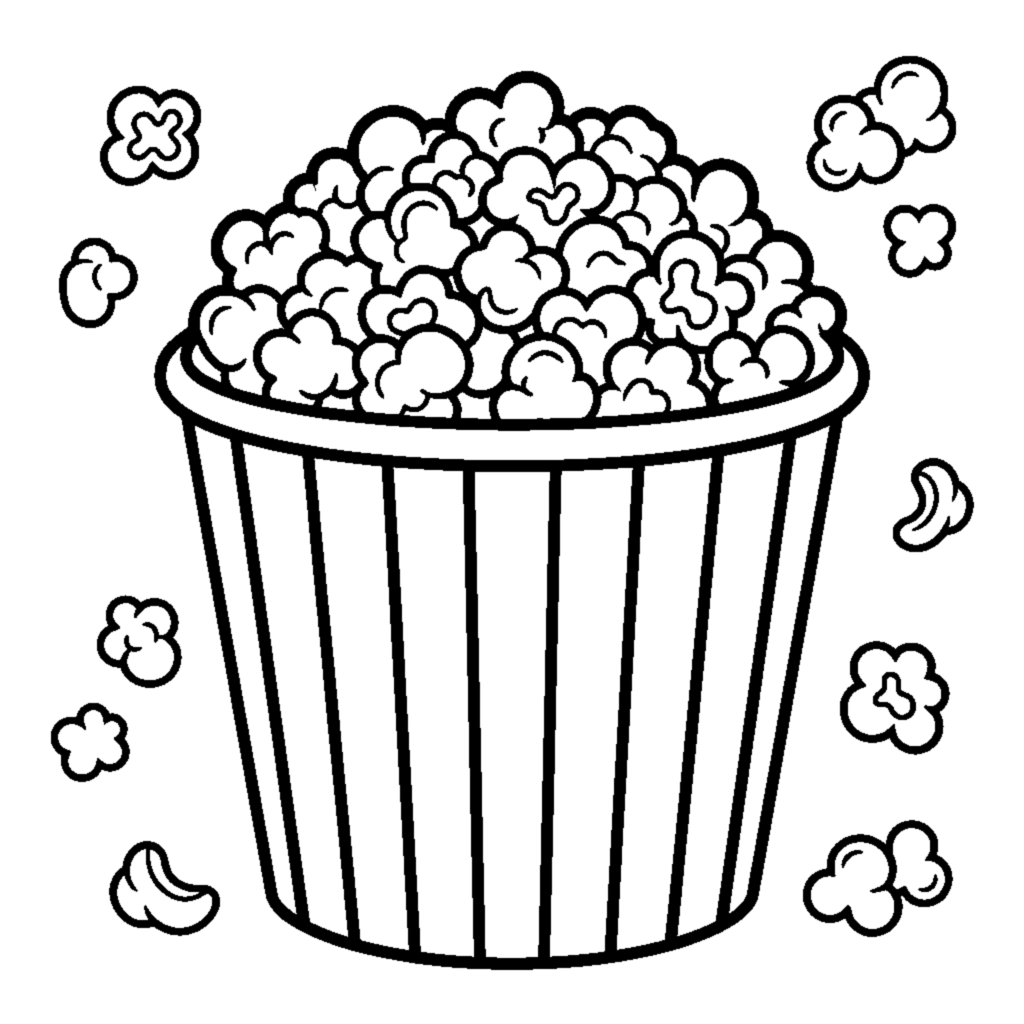 A striped paper bucket brimming with popped popcorn kernels coloring page