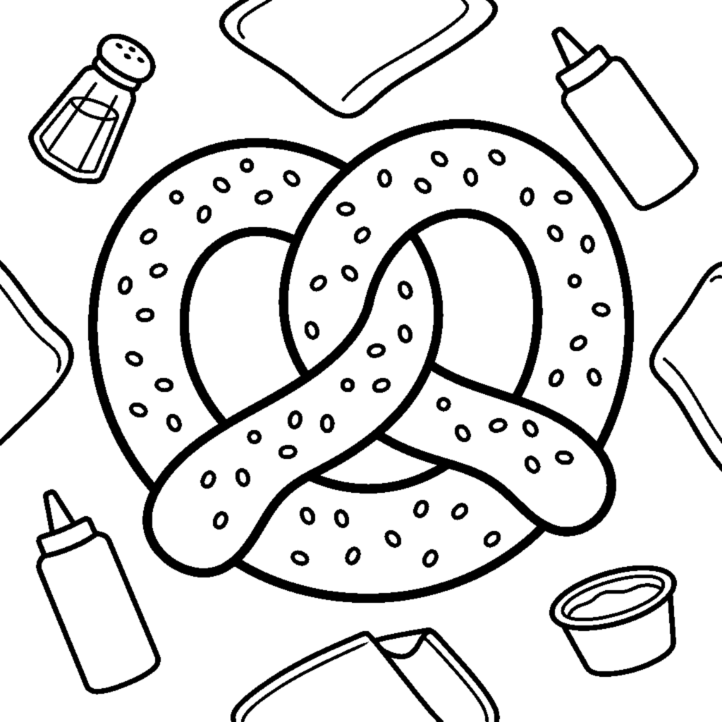 A twisted soft pretzel with a sprinkle of little salt dots coloring page
