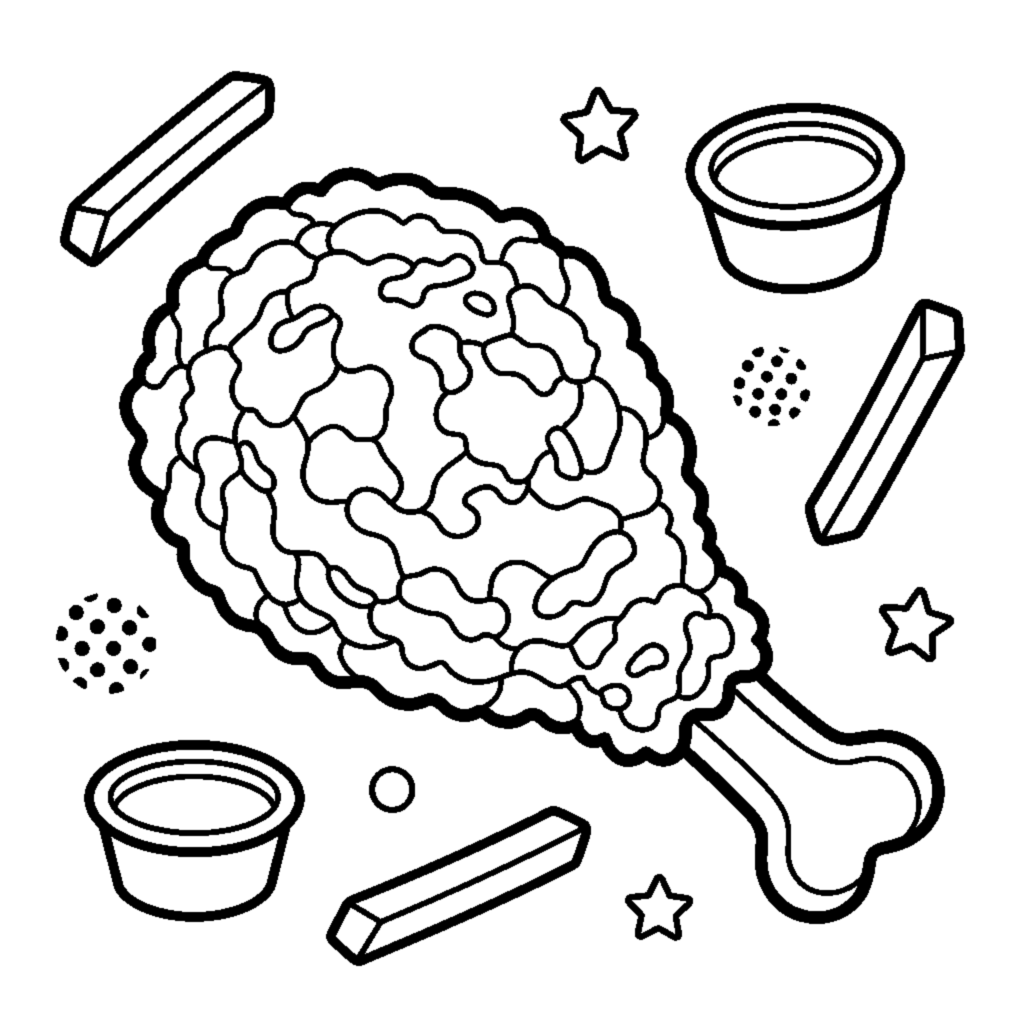 A crispy fried chicken drumstick with a little bone handle coloring page