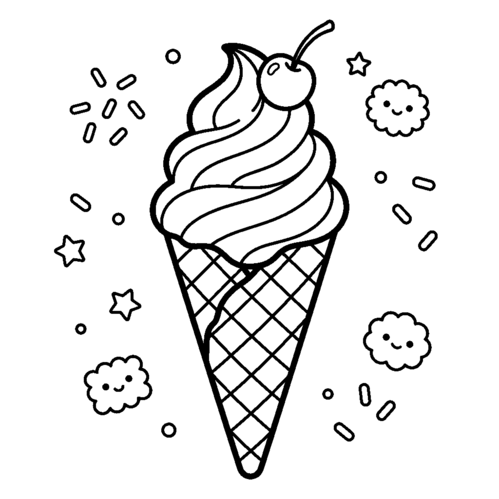 A tall ice cream cone with a swirl of soft-serve and a cherry on top coloring page