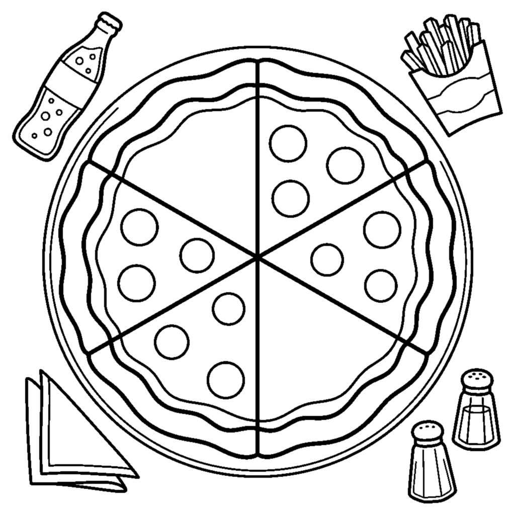 A round cheese-topped pizza with wavy crust cut into slices coloring page
