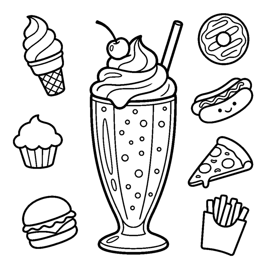 A milkshake in a tall glass with a swirl of whipped cream, a straw, and a cherry coloring page