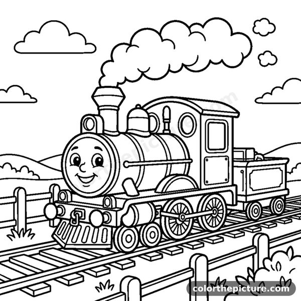 A cute steam locomotive puffing round clouds from its chimney as it rolls along the tracks coloring page