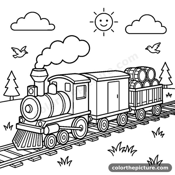 A freight train pulling boxcars and an open wagon stacked with round barrels coloring page