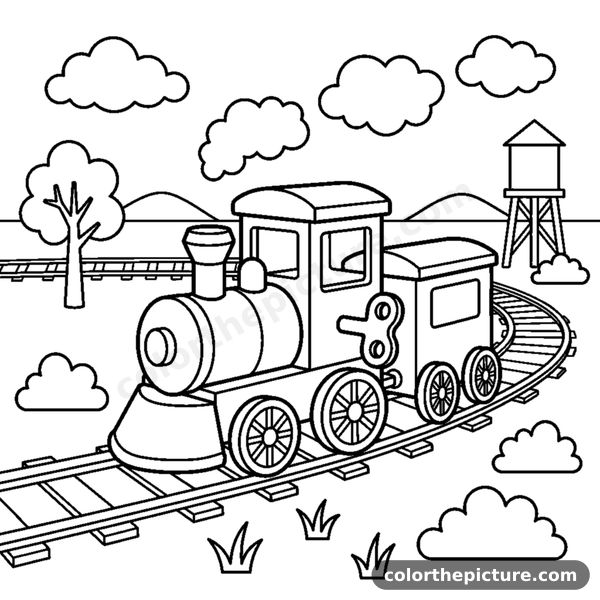 A little wind-up toy train with a key on its side chugging around a simple loop of track coloring page
