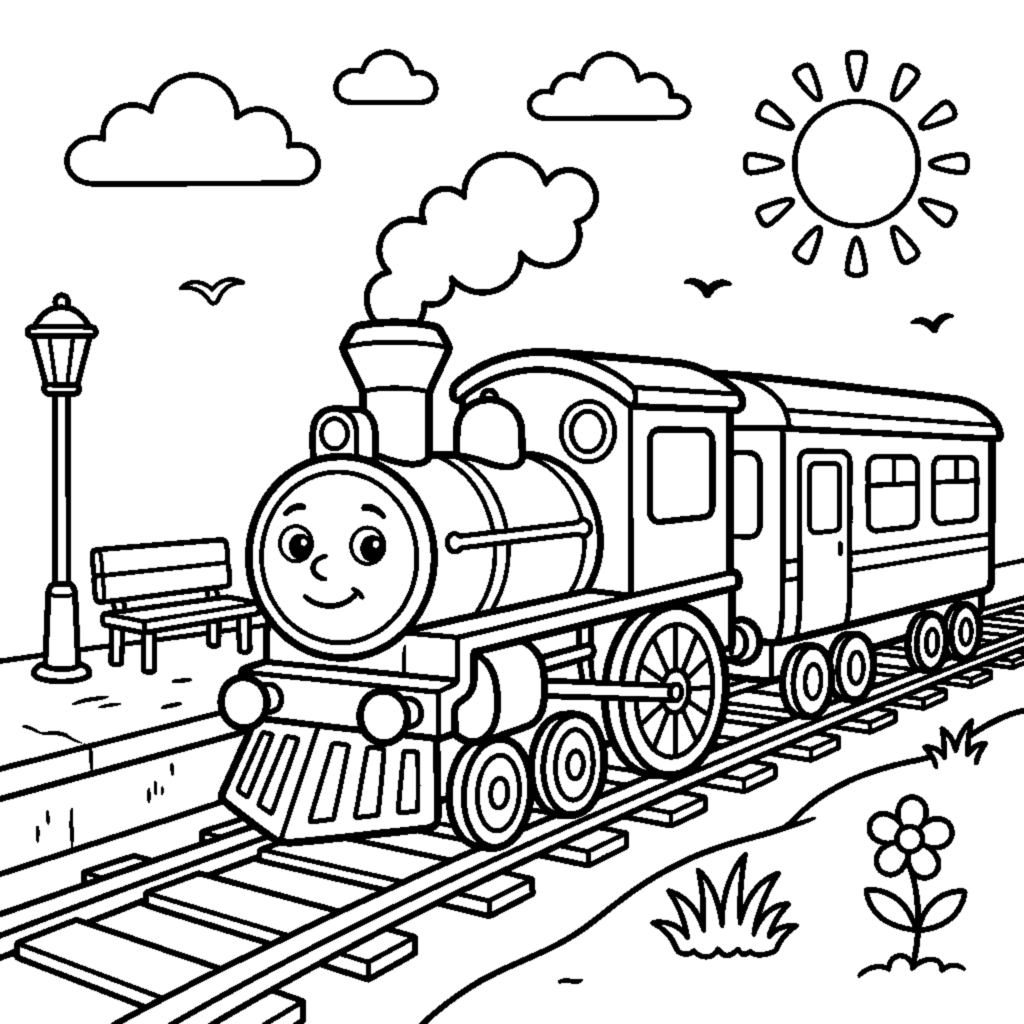 A friendly train stopped at a small station with a platform and a bench coloring page