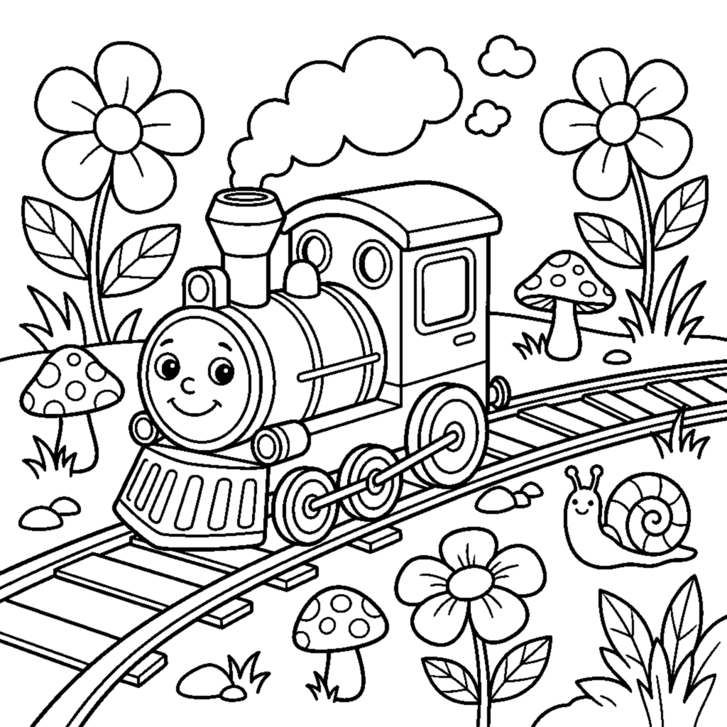 A tiny train chugging through a garden past big flowers and a smiling snail coloring page