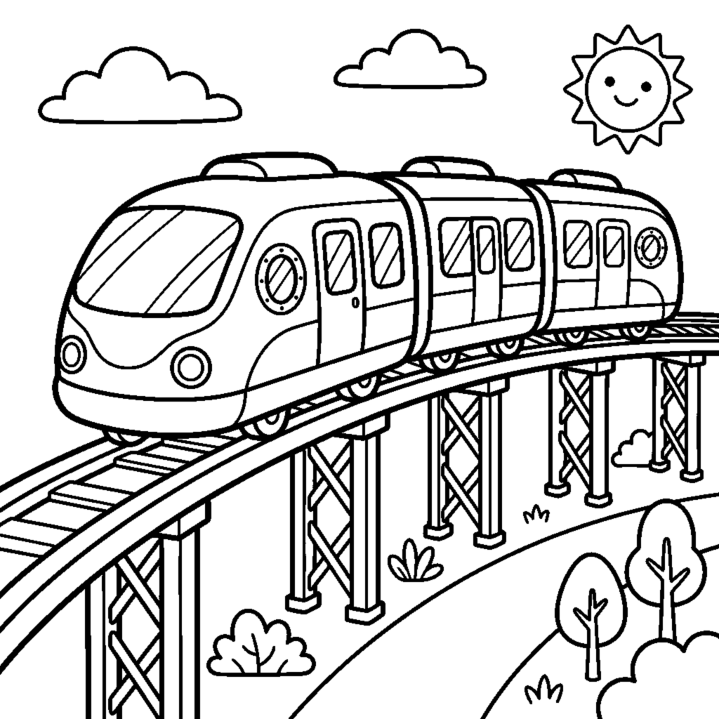A cute monorail train gliding on a single raised curving track coloring page