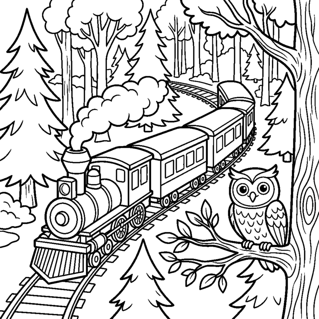 A train winding through a forest with tall trees and a peeking owl coloring page