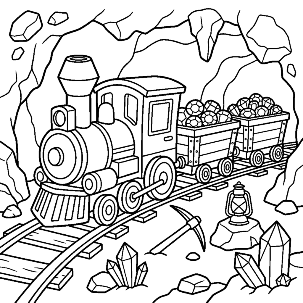 A small mine cart train filled with round gems rolling on wooden rails coloring page