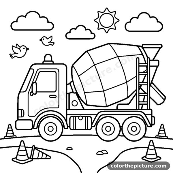 A cement mixer truck with its big rotating drum turning slowly coloring page