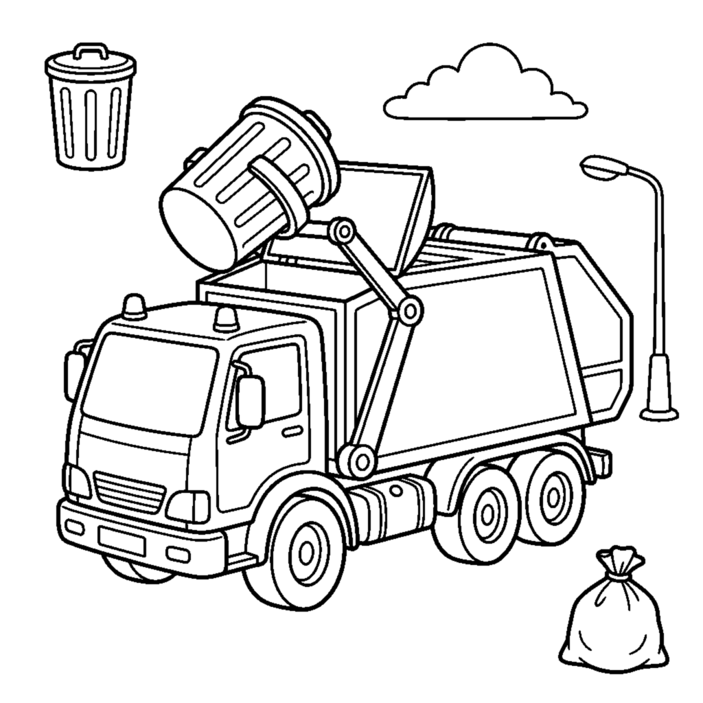 A garbage truck lifting a round trash bin up to empty it coloring page