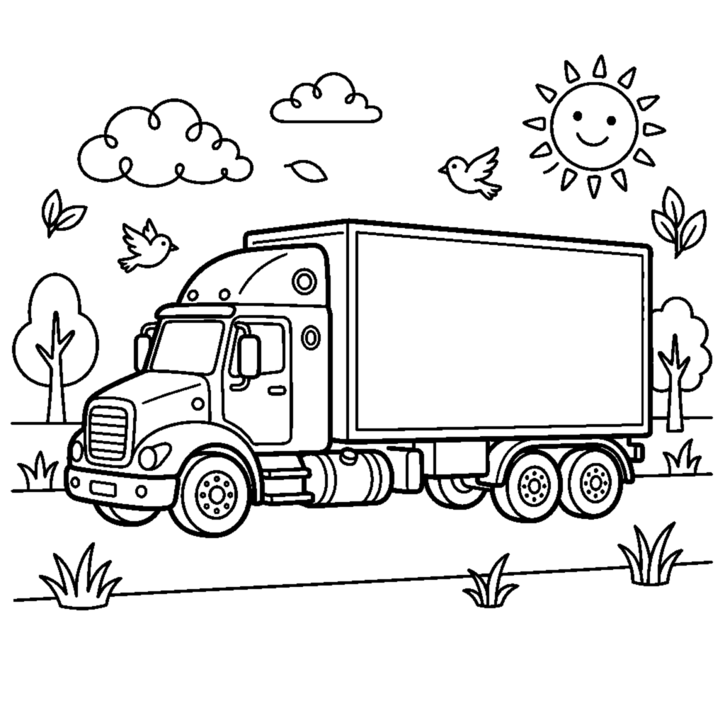A cargo semi-truck with a long rectangular trailer hitched behind the cab coloring page