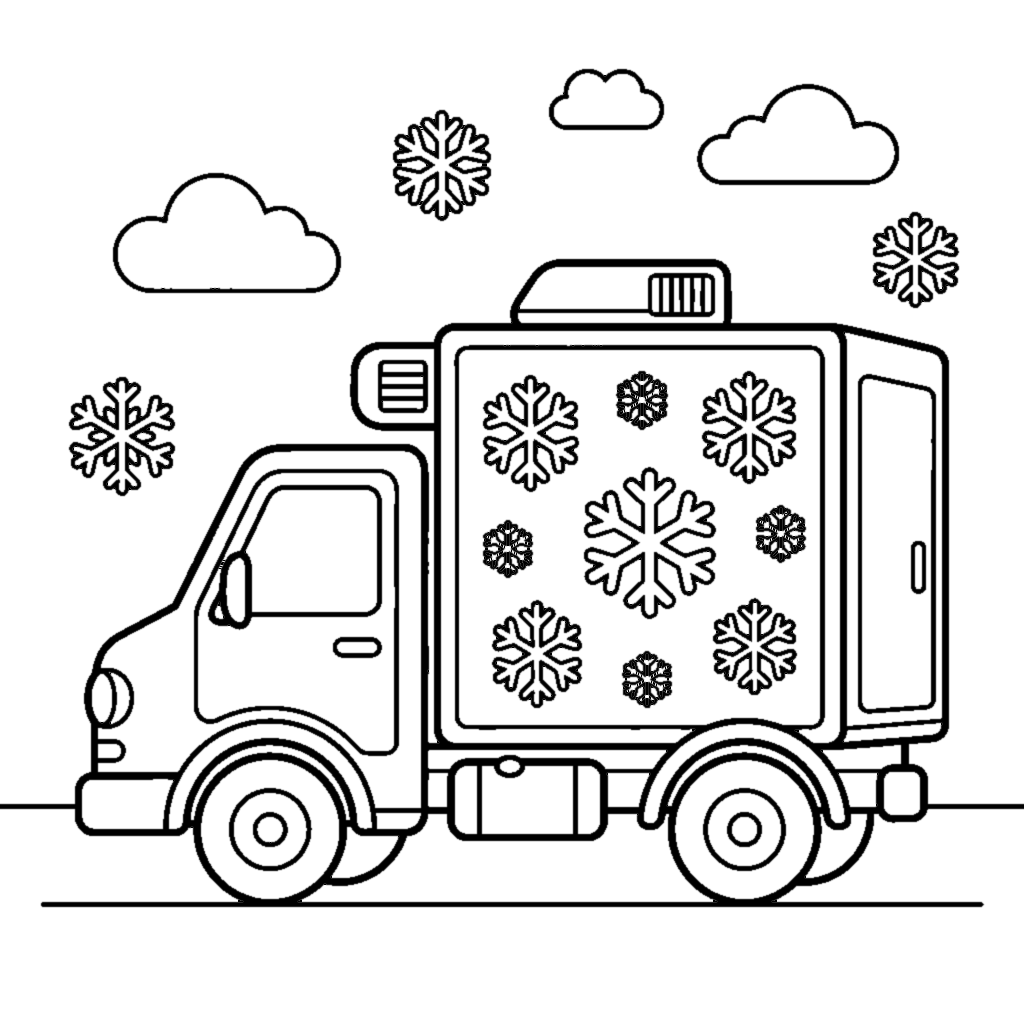 A refrigerated box truck with cool snowflake shapes drawn on its side panel coloring page