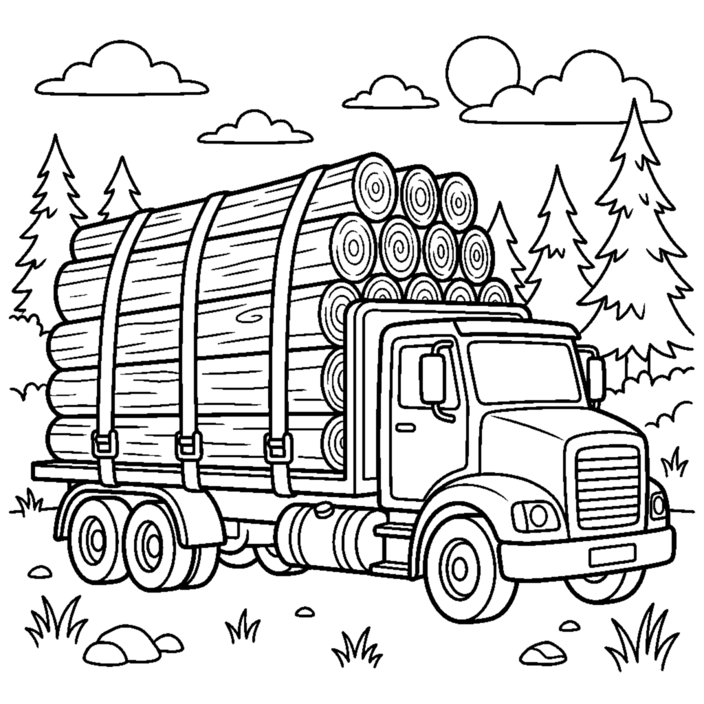 A logging truck loaded with tall round tree trunks strapped down coloring page