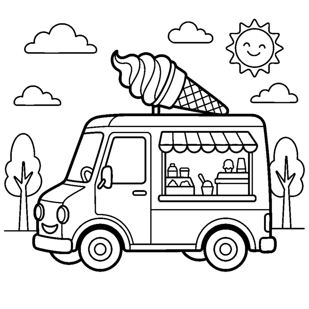 A cheerful ice cream truck with a service window and a swirl cone on its roof coloring page