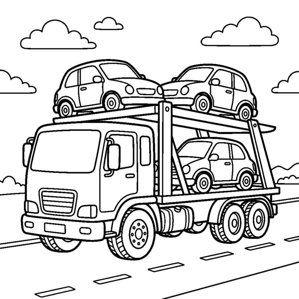 A car-carrier truck with two levels holding two little cars on ramps coloring page