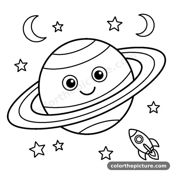 A smiling ringed planet with wide encircling rings and a few small stars around it coloring page