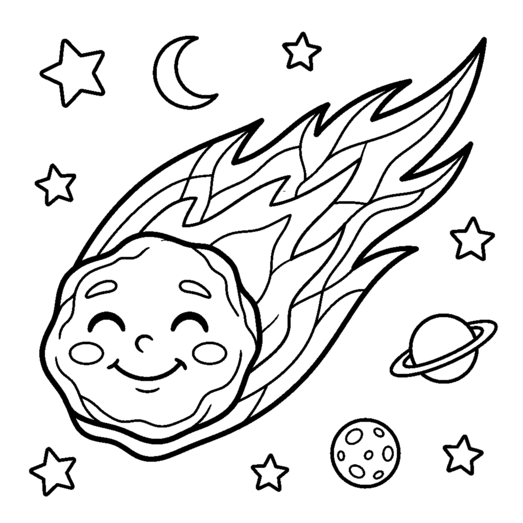A comet with a smiling face and a long flowing tail streaking through space coloring page