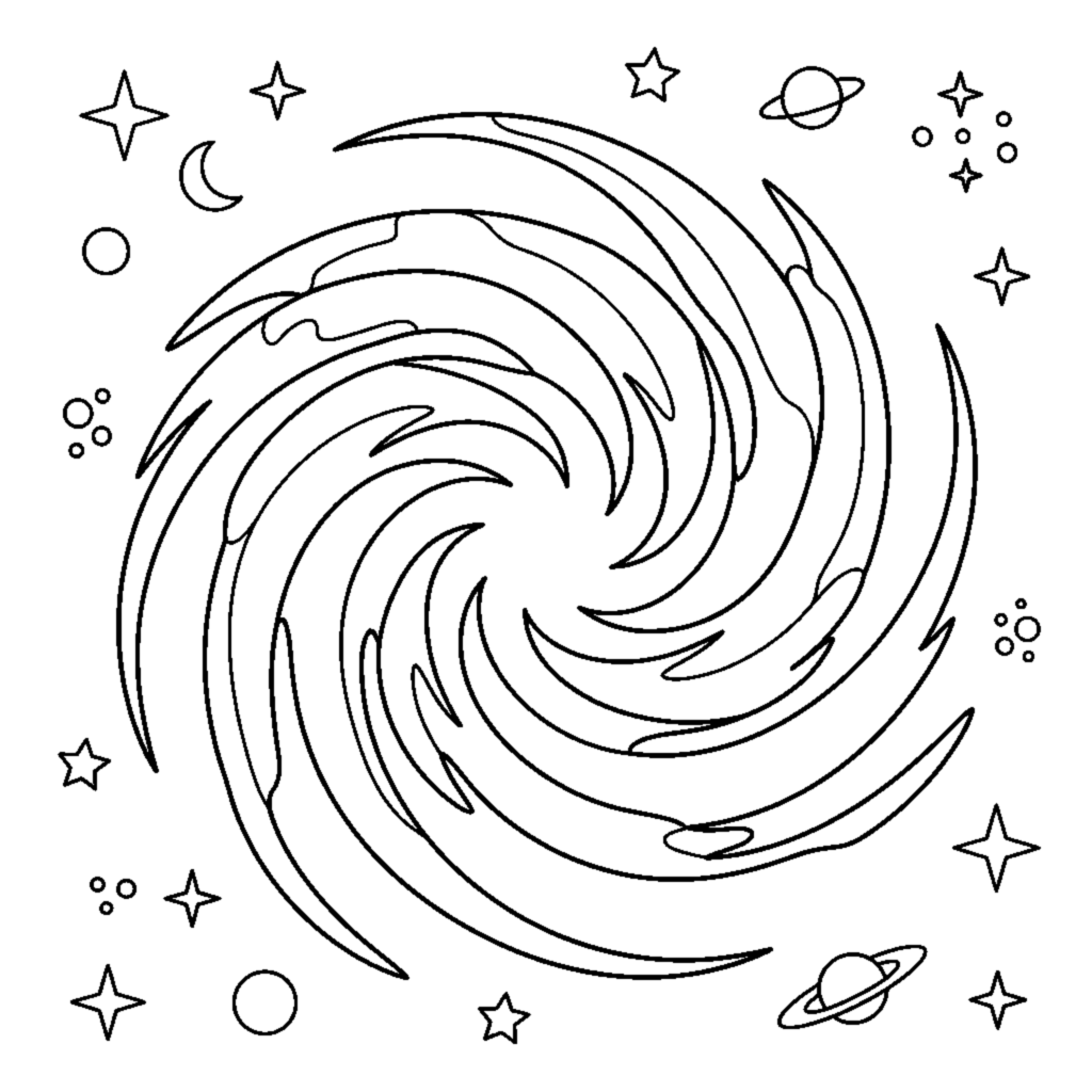 A swirling spiral galaxy shaped like a pinwheel with scattered stars coloring page