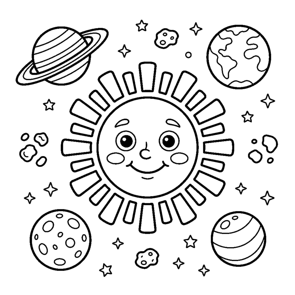 A sun with a happy face and gentle rays surrounded by a few small planets coloring page
