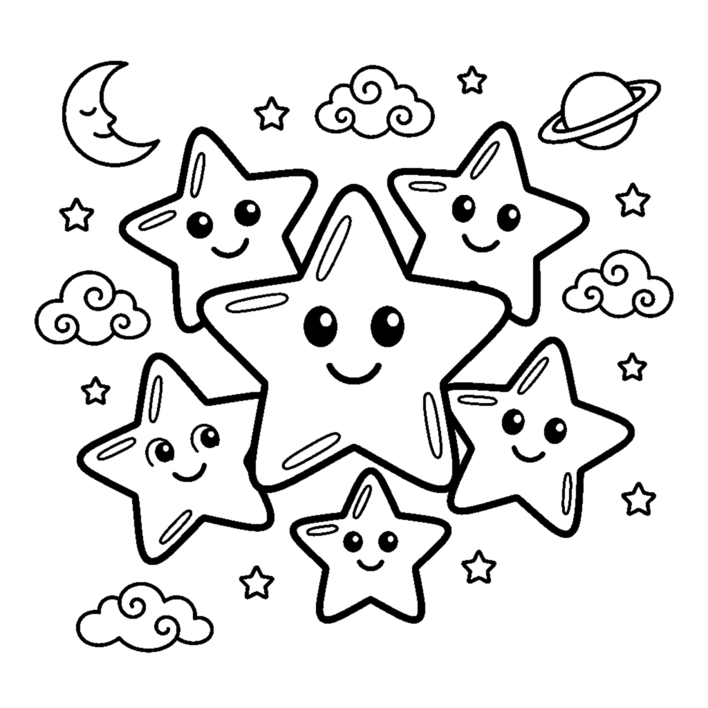 A cluster of five twinkling stars of different sizes grouped together coloring page