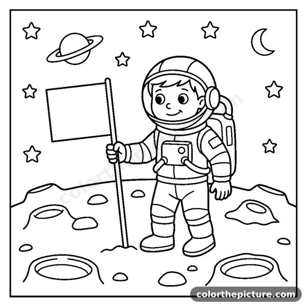 An astronaut planting a plain flag on the bumpy surface of the moon coloring page