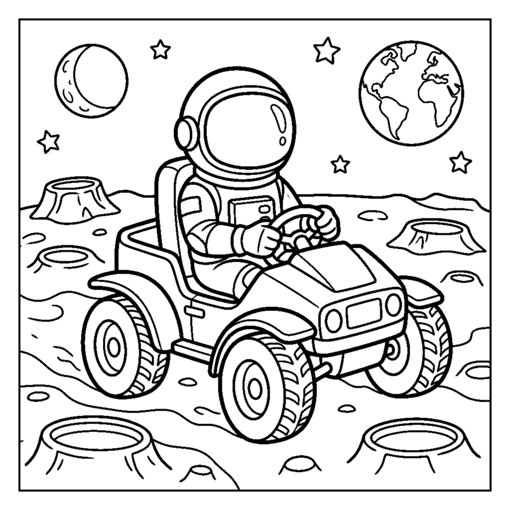 An astronaut driving a four-wheeled moon rover across craters coloring page