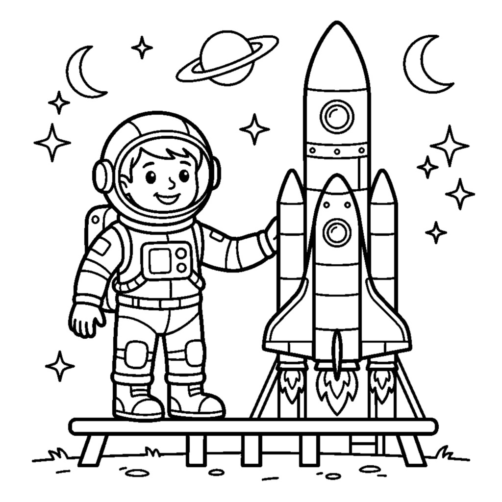 An astronaut standing beside a tall rocket ready for launch coloring page
